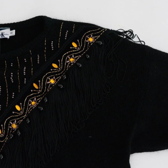 Vintage Vanna White R&K Originals Black Beaded w Tassels & Amber Gems Sweater XL - Picture 8 of 12